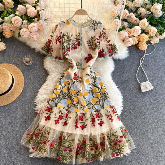 French Retro Embroidered Dress